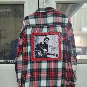 Red & Black Plaid Flannel womens shirt, size M, with custom Elvis image on back